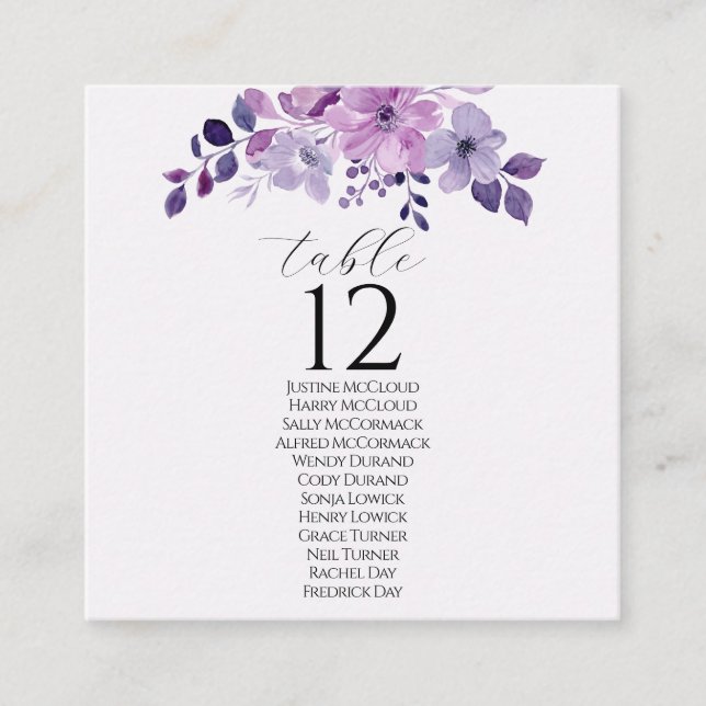 Watercolor purple flower bouquet square business card (Front)