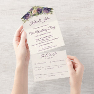Watercolor Purple Flower Bouquet-Wedding- All In One Invitation