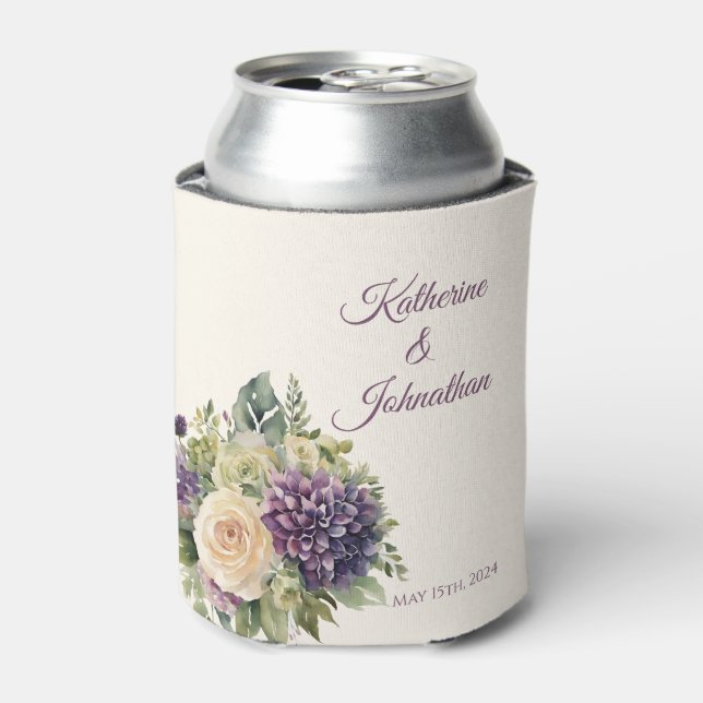 Watercolor Purple Flower Bouquet-Wedding- Can Cooler (Can Front)