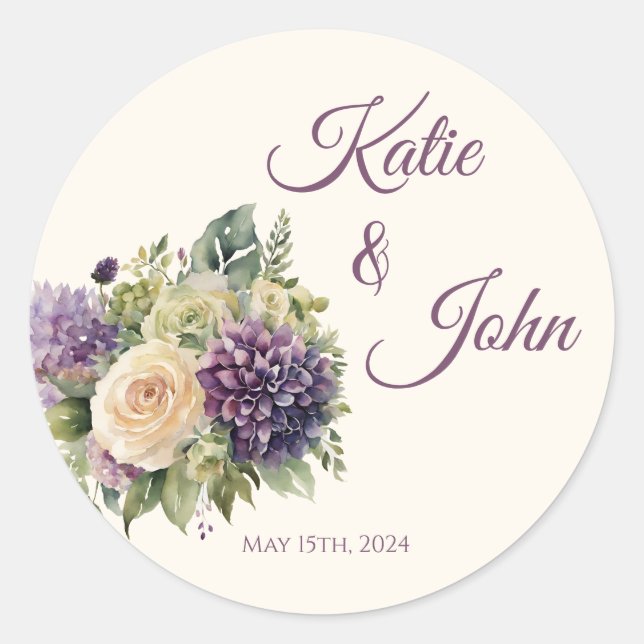 Watercolor Purple Flower Bouquet-Wedding- Classic Round Sticker (Front)
