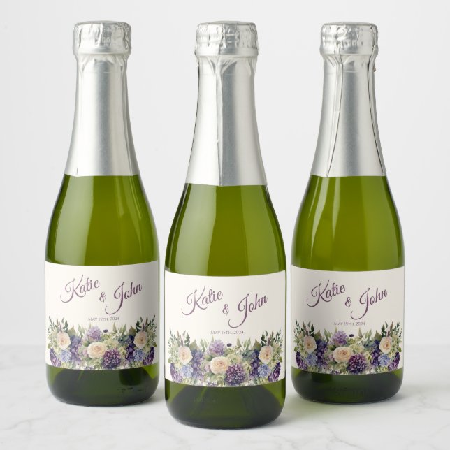 Watercolor Purple Flower Bouquet-Wedding- Sparkling Wine Label (Bottles)