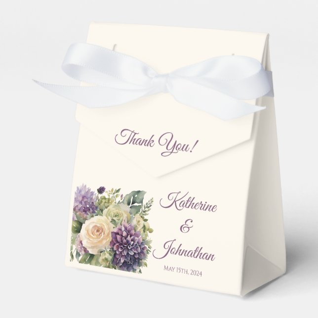 Watercolor Purple Flower Bouquet-Wedding Thank you Favour Box (Front Side)
