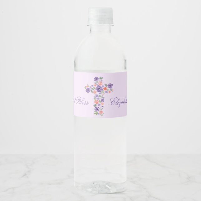 Watercolor Purple Flower Cross First Communion Water Bottle Label (Front)