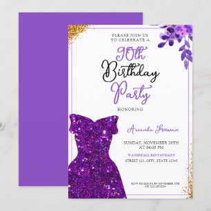 Watercolor Purple Flowers 90th Birthday Invitation