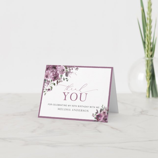 Watercolor Purple Flowers 90th Birthday Thank You Card (Front)