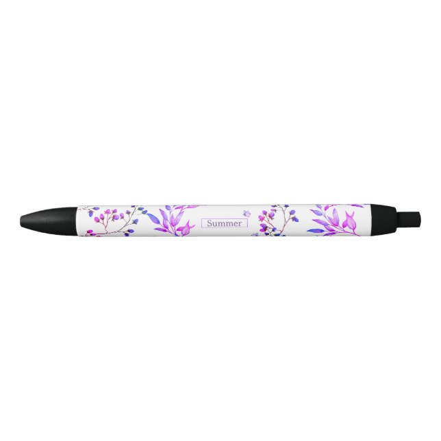 Watercolor purple flowers and cute butterflies black ink pen (Front)