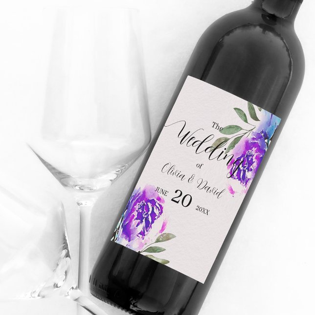 Watercolor Purple Flowers And Foliage Wedding Wine Label (Creator Uploaded)
