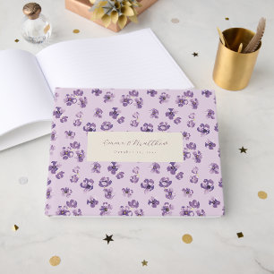Watercolor Purple Flowers and Green Spine Script Guest Book