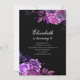 Watercolor purple flowers. Black birthday party Invitation