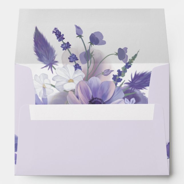 Watercolor purple flowers bouquet elegant envelope (Back (Bottom))