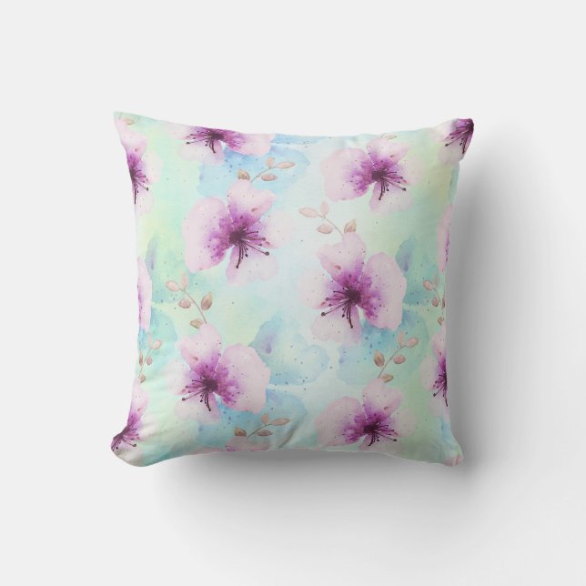 Watercolor Purple Flowers Cushion (Front)