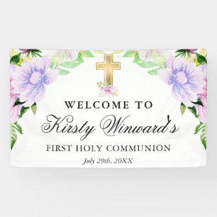 Watercolor Purple Flowers First Holy Communion Banner