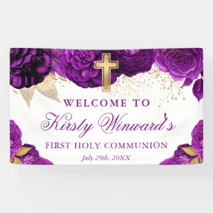 Watercolor Purple Flowers First Holy Communion Banner