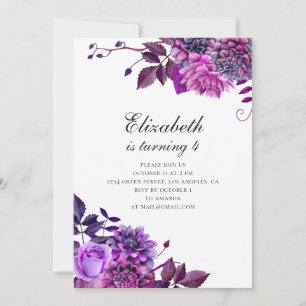 Watercolor purple flowers. Floral birthday party Invitation