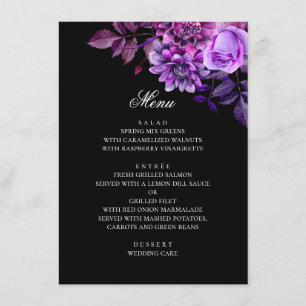 Watercolor purple flowers. Floral black wedding Menu