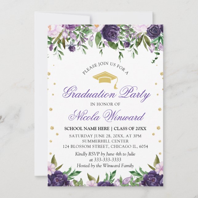 Watercolor Purple Flowers Girl Graduation Party  Invitation (Front)