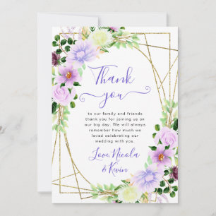 Watercolor Purple Flowers Gold Frame Wedding Thank You Card