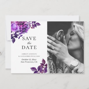 Watercolor purple flowers. Lilac floral photo Save The Date