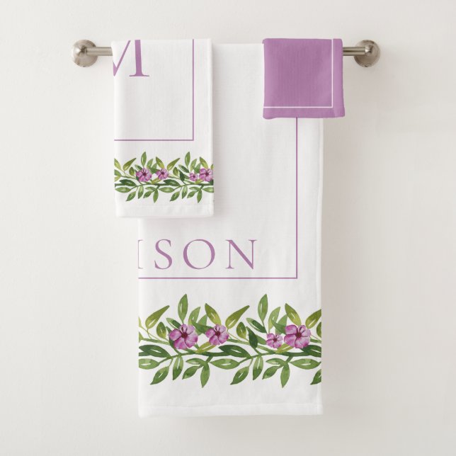 Watercolor purple flowers, monogram floral bath towel set (Insitu)