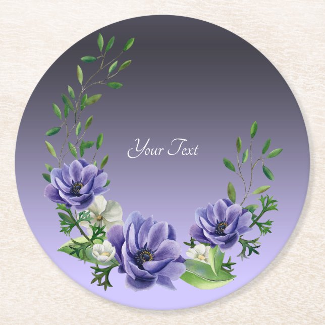 Watercolor Purple Flowers Paper Coaster (Front)