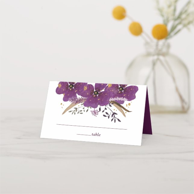 Watercolor Purple Flowers Place Card (Front)