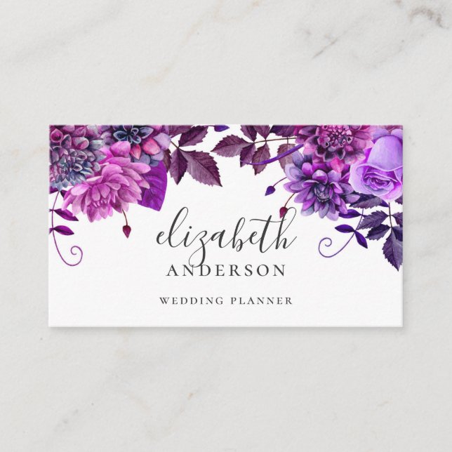Watercolor purple flowers. Violet botanical floral Business Card (Front)