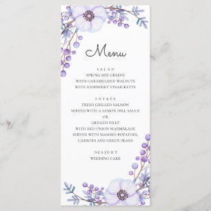 Watercolor purple flowers. Violet floral wedding Menu