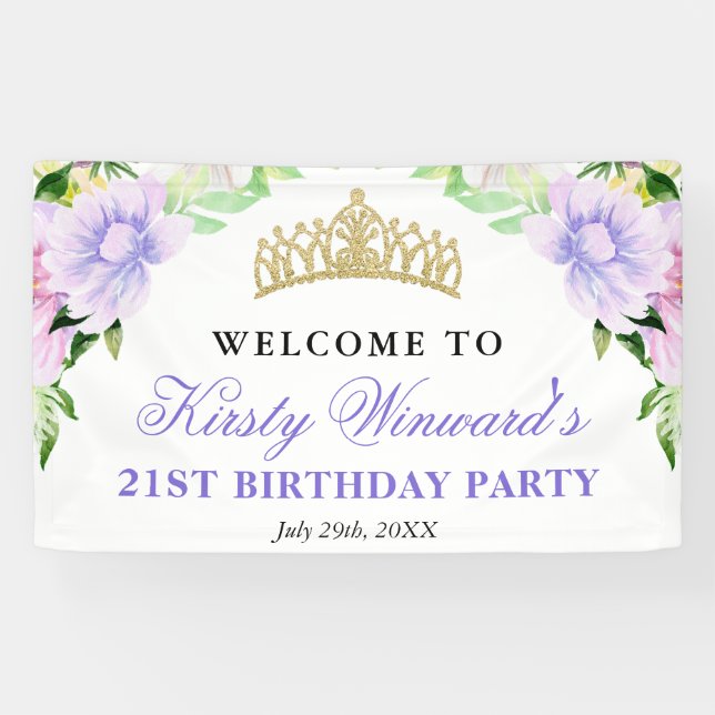 Watercolor Purple Flowers Welcome Birthday Party Banner (Horizontal)