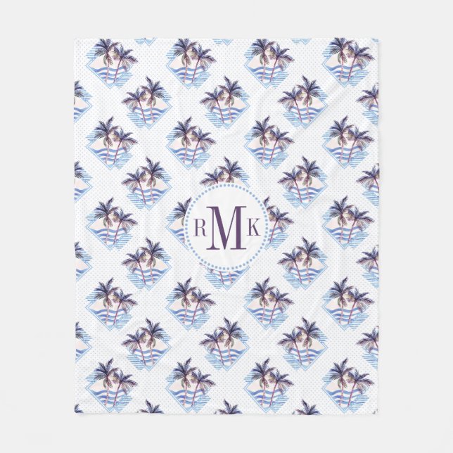 Watercolor Purple Geometric Palm Tree Pattern Fleece Blanket (Front)