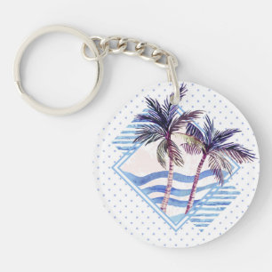 Watercolor Purple Geometric Palm Tree Pattern Key Ring