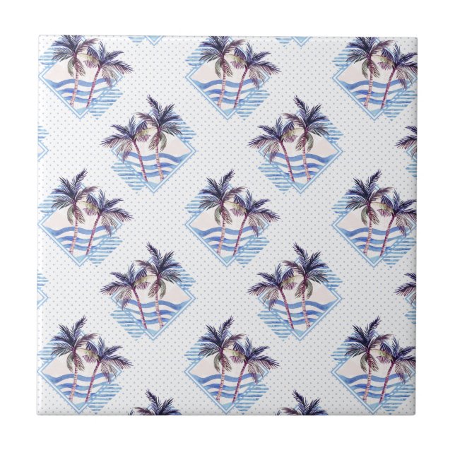 Watercolor Purple Geometric Palm Tree Pattern Tile (Front)