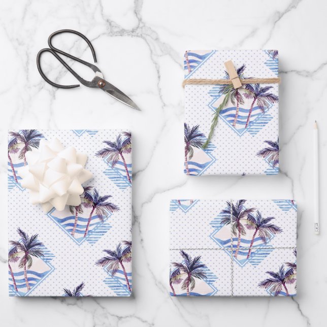 Watercolor Purple Geometric Palm Tree Pattern Wrapping Paper Sheet (Front)