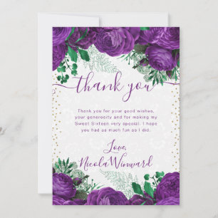 Watercolor Purple Glam Roses Flowers Sweet 16 Thank You Card