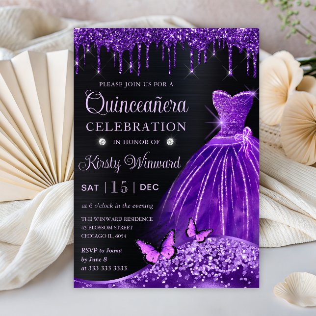 Watercolor Purple Glitter Dress Quinceanera Invitation (Creator Uploaded)