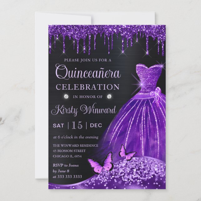 Watercolor Purple Glitter Dress Quinceanera Invitation (Front)