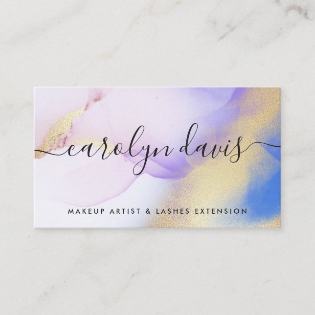 Watercolor Purple Gold Abstract Calligraphy Script Business Card (Front)