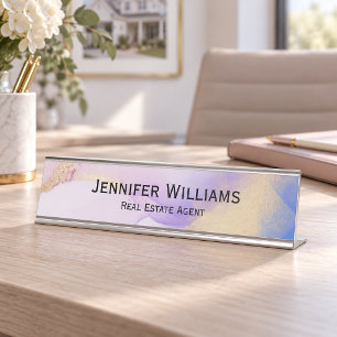 Watercolor Purple Gold Elegant Custom Desk Name Plate