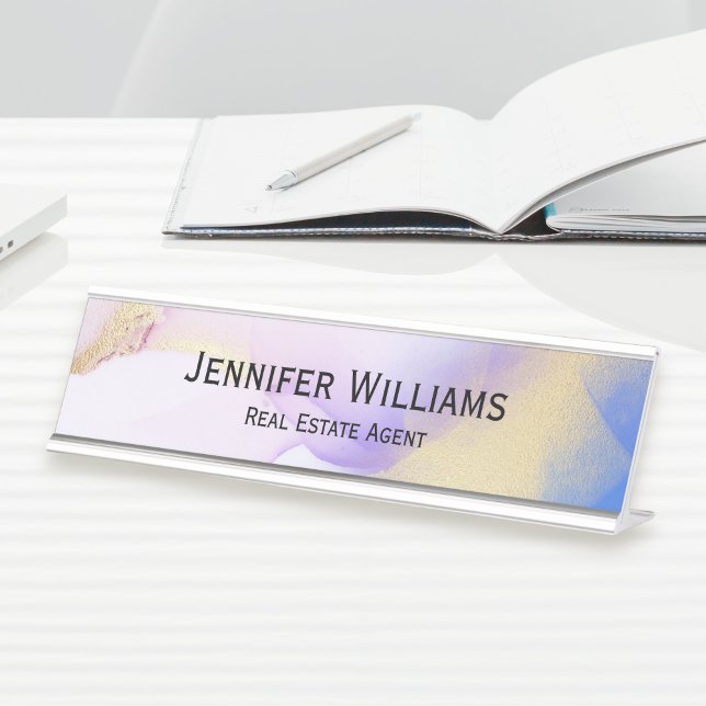 Watercolor Purple Gold Elegant Custom Desk Name Plate (Creator Uploaded)