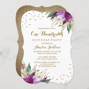 Watercolor Purple Gold Flower 100th Birthday Party Invitation