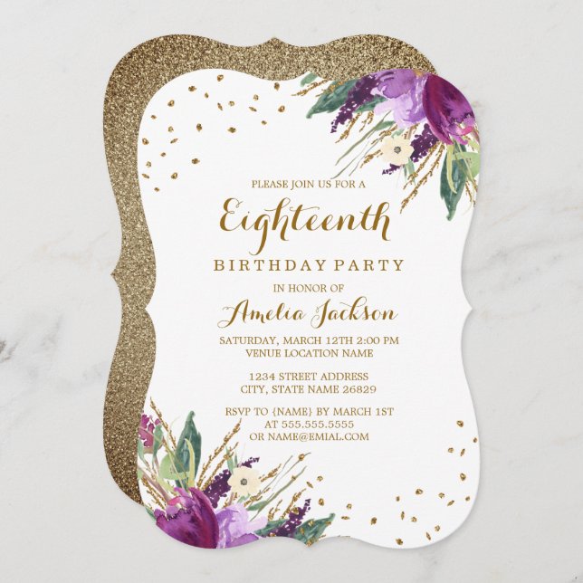 Watercolor Purple Gold Flower 18th Birthday Invitation (Front/Back)