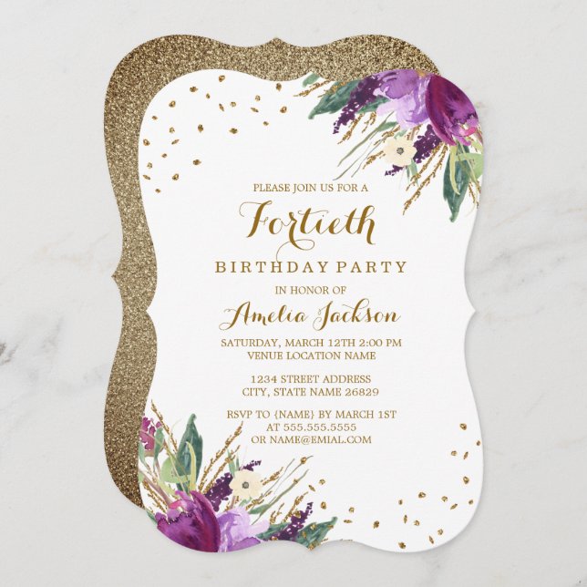 Watercolor Purple Gold Flower 40th Birthday Party Invitation (Front/Back)