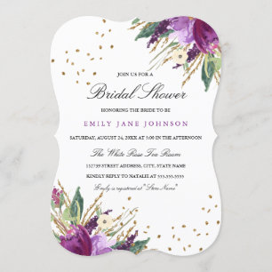 Watercolor Purple Gold Flower Bridal Shower Invite