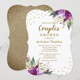 Watercolor Purple Gold Flower Couples Shower Invitation