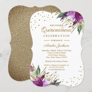 Watercolor Purple Gold Flower Quinceanera Invitation