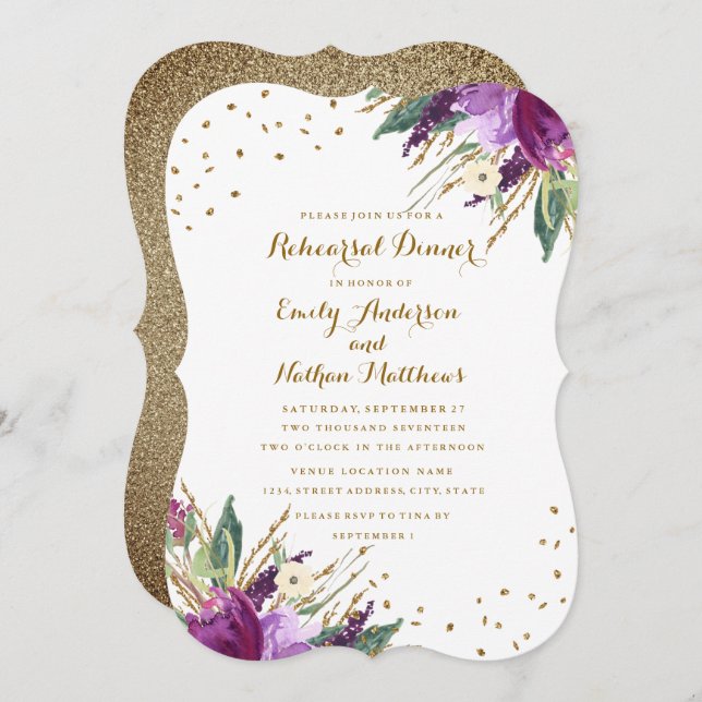 Watercolor Purple Gold Flower Rehearsal Dinner Invitation (Front/Back)