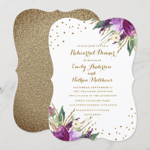 Watercolor Purple Gold Flower Rehearsal Dinner Invitation