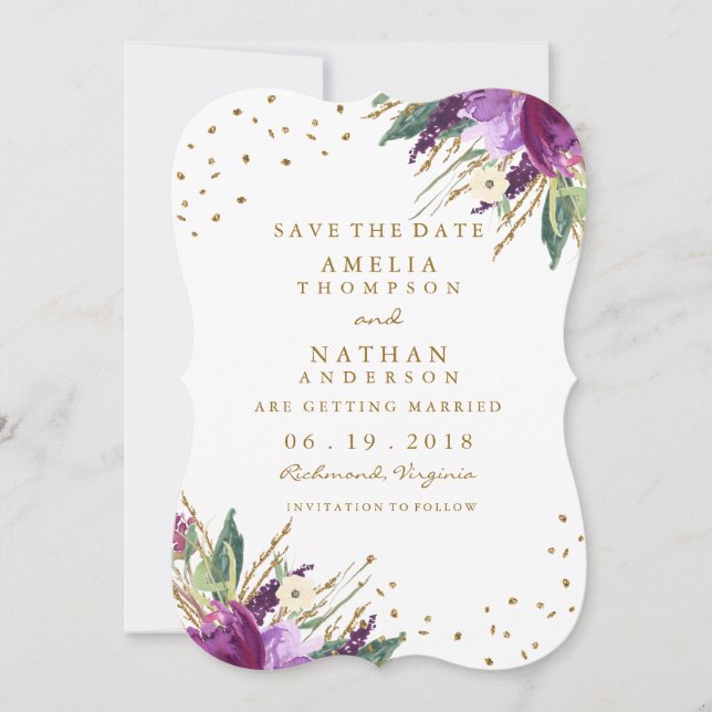 Watercolor Purple Gold Flower Save The Date (Front)