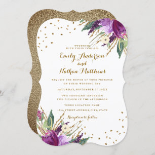 Watercolor Purple Gold Flower Wedding Invitation