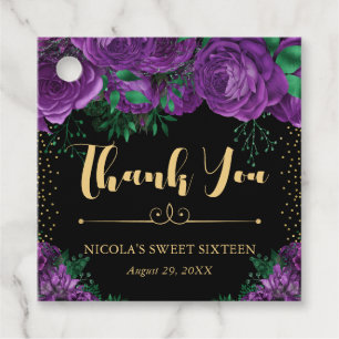 Watercolor Purple Gold Glam Roses Sweet 16 Favour Tags