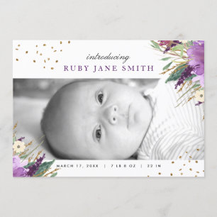 Watercolor Purple Gold Glitter Birth Announcement